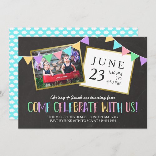 Chalkboard Bunting Banner Photo Birthday Party Invitation