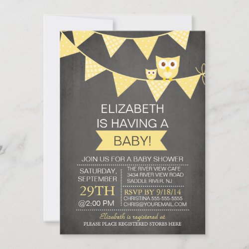Chalkboard Bunting Owl Gender Neutral Baby Shower Announcement
