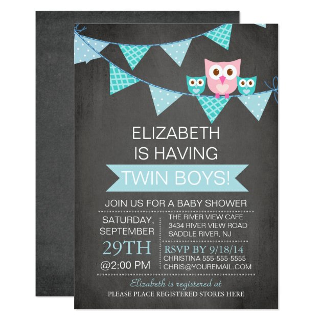 Chalkboard Bunting Owl TWIN BoyS Baby Shower Invitation