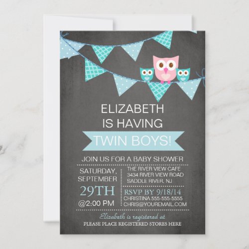 Chalkboard Bunting Owl TWIN BoyS Baby Shower Invite