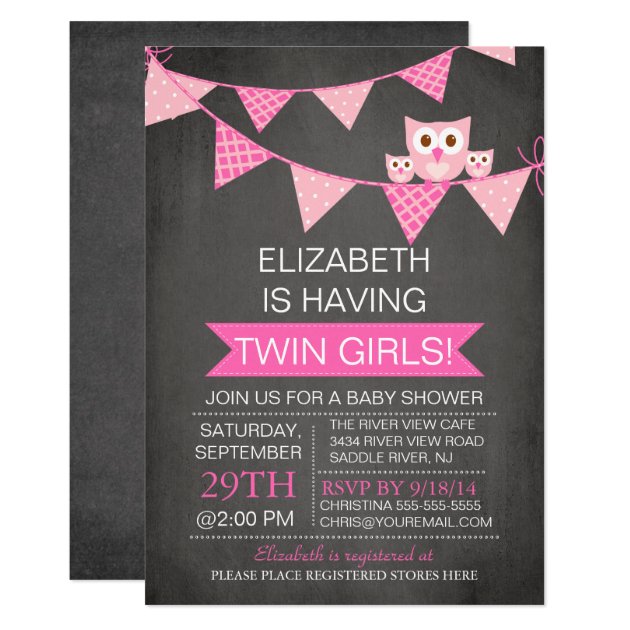 Chalkboard Bunting Owl TWIN GIRLS Baby Shower Invitation