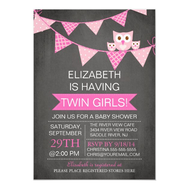 Chalkboard Bunting Owl TWIN GIRLS Baby Shower Invitation