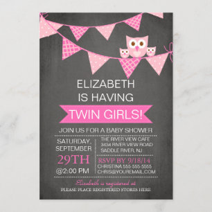 Chalkboard Bunting Owl TWIN GIRLS Baby Shower Invitation