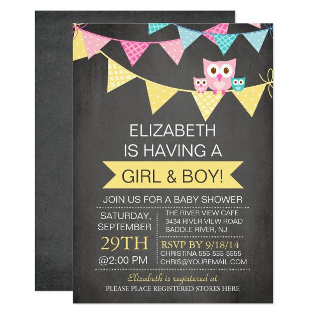 Chalkboard Bunting Owl TWINS GIRL BOY Baby Shower Invitation