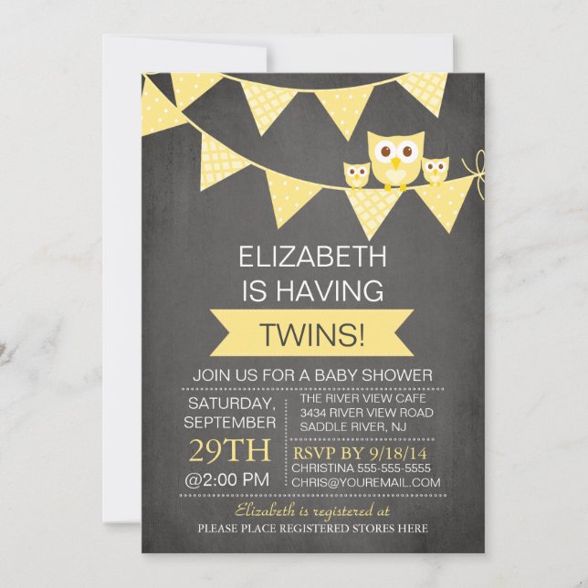 Chalkboard Bunting Owl TWINS NEUTRAL Baby Shower Invitation (Front)