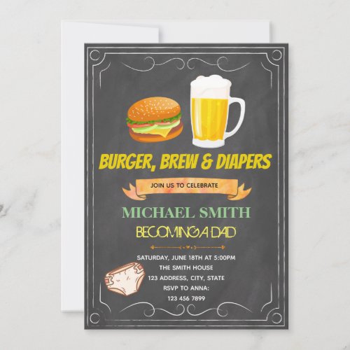 Chalkboard burger beer diaper invitation