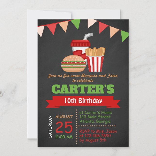 Chalkboard Burgers and Fries Birthday Party Invite (Front)