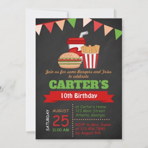 Chalkboard Burgers and Fries Birthday Party Invite