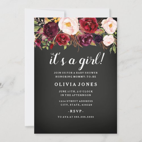 Chalkboard Burgundy Floral Baby Shower Invitation