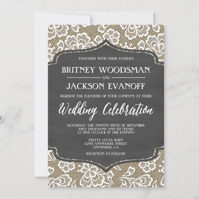 Chalkboard Burlap and Lace Wedding Invitations (Front)