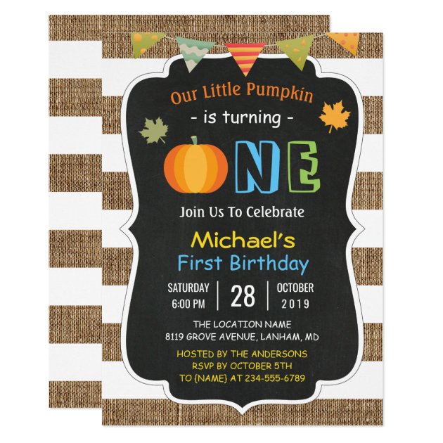 Chalkboard Burlap Cute Pumpkin Baby First Birthday Invitation