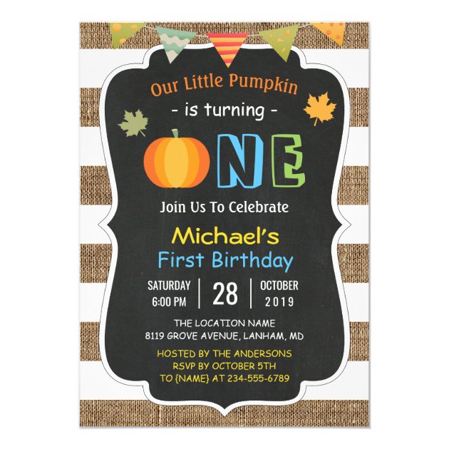 Chalkboard Burlap Cute Pumpkin Baby First Birthday Invitation