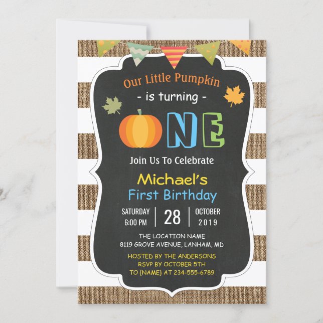 Chalkboard Burlap Cute Pumpkin Baby First Birthday Invitation (Front)