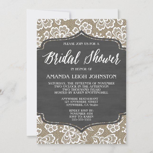 Chalkboard Burlap & Lace Bridal Shower Invitations (Front)