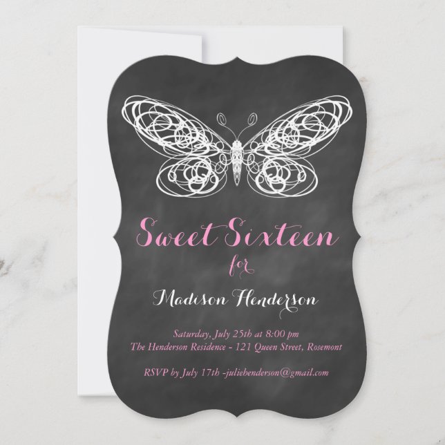 Chalkboard Butterfly Sweet Sixteen Invitation (Front)
