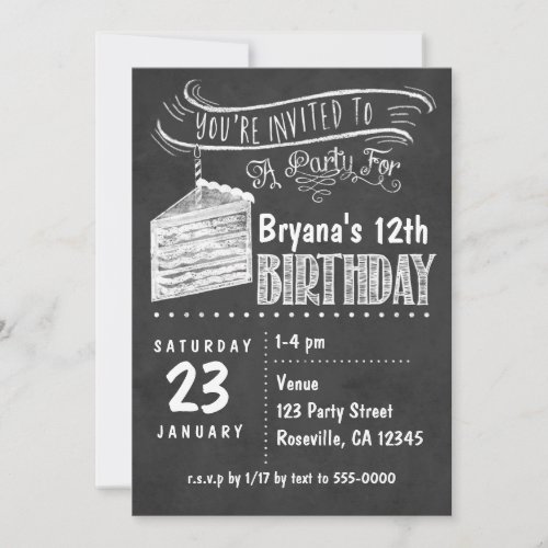 Chalkboard Cake Slice Birthday Party Invitations