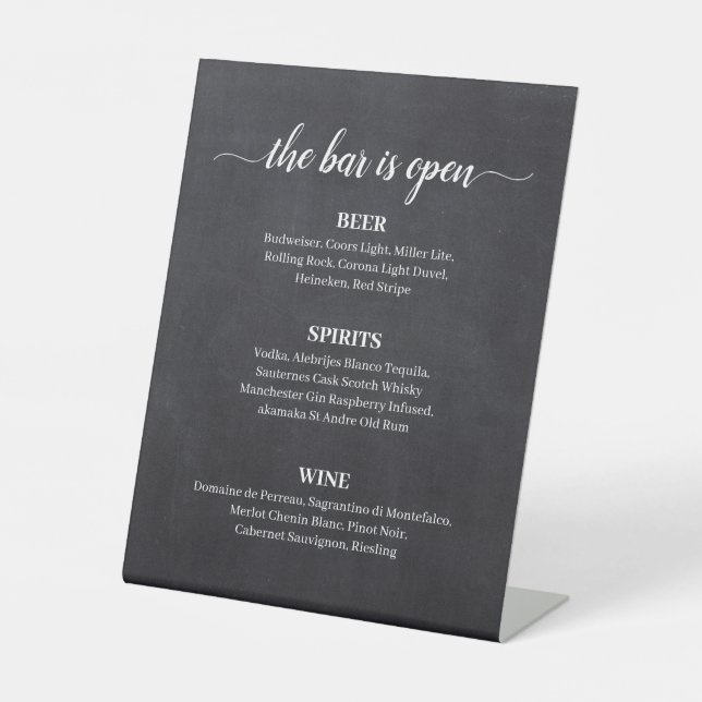 Chalkboard Calligraphy Wedding Bar Menu Pedestal Sign (Front)