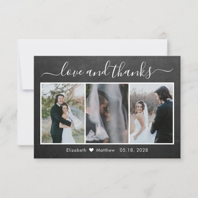 Chalkboard Calligraphy Wedding Photo Collage Thank You Card (Front)