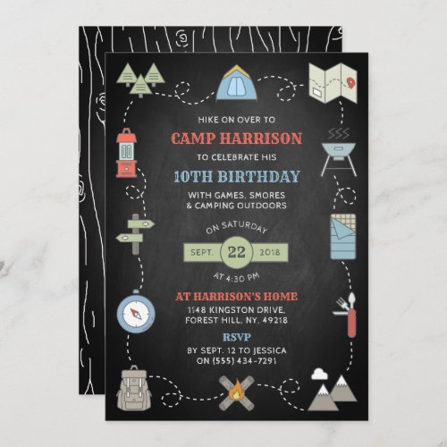 Chalkboard Camping Birthday Party Invitations