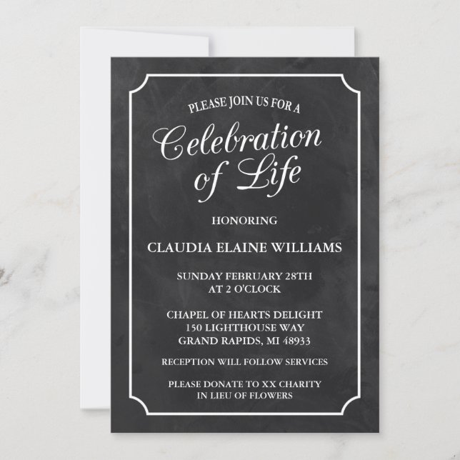 CHALKBOARD CELEBRATION OF LIFE FUNERAL INVITATION (Front)
