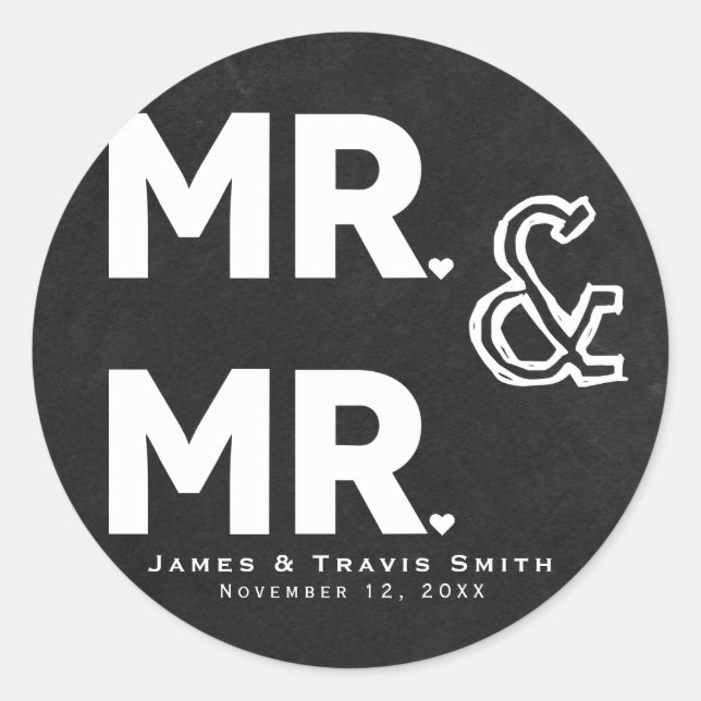 Chalkboard Chalk MR. & MR. Gay Wedding Engagement Classic Round Sticker (Front)