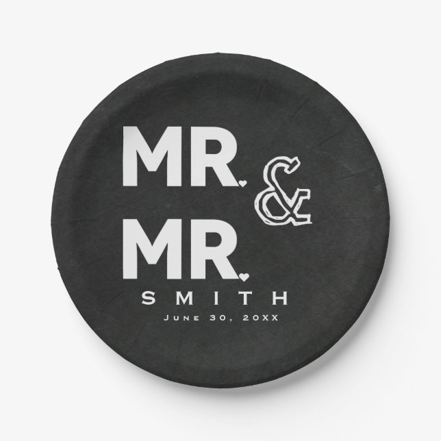 Chalkboard Chalk MR. & MR. Gay Wedding Engagement Paper Plates (Front)