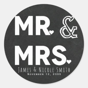 Chalkboard Chalk Mr. Mrs. Wedding Engagement Favor Classic Round Sticker