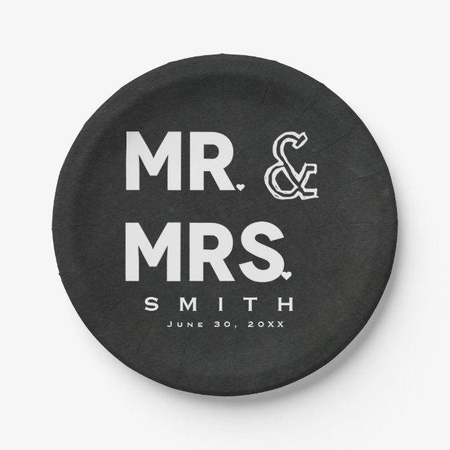 Chalkboard Chalk Mr. & Mrs. Wedding Engagement Paper Plates (Front)
