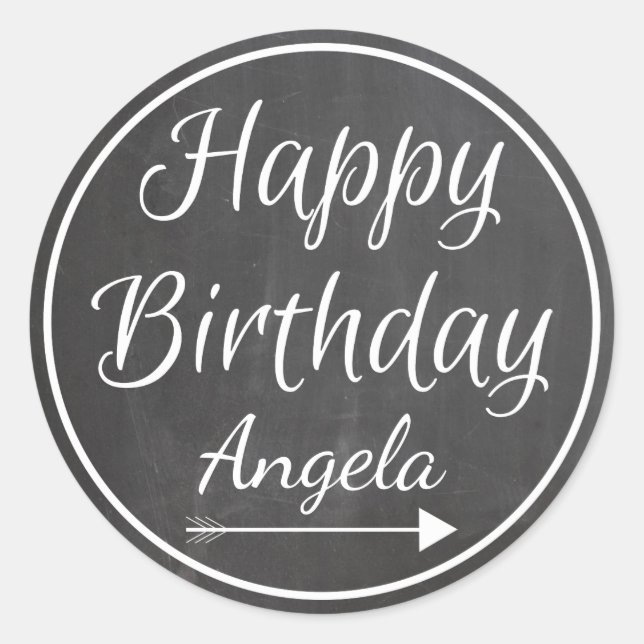 Chalkboard Chalked White Frame Happy Birthday Name Classic Round Sticker (Front)