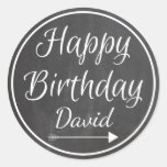 Chalkboard Chalked White Frame Happy Birthday Name Classic Round Sticker