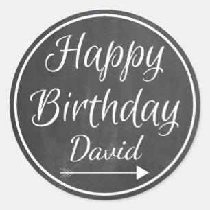 Chalkboard Chalked White Frame Happy Birthday Name Classic Round Sticker