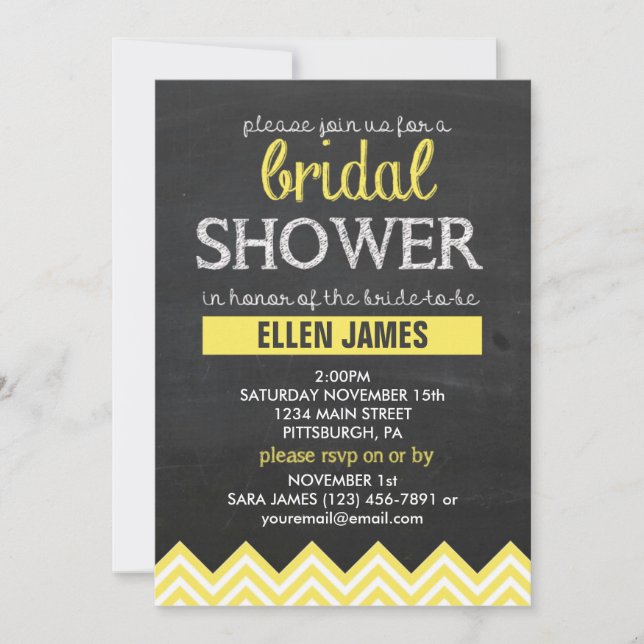 Chalkboard Chevron Bridal Shower Yellow Invitation (Front)