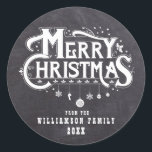 Chalkboard Christmas Black White Personalized Classic Round Sticker<br><div class="desc">Black chalkboard background and vintage Merry Christmas text is surrounded by holly and snowflakes. A row of ornaments hangs from Christmas. The ornaments are shaped as a snowflake, candy cane and traditional ornaments. Your family name and the year is placed below. Country or vintage theme wrapping and Christmas card mailings....</div>