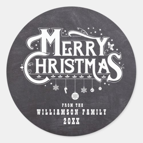 Chalkboard Christmas Black White Personalized Classic Round Sticker