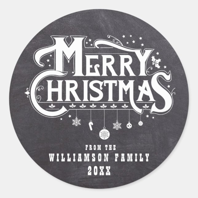 Chalkboard Christmas Black White Personalized Classic Round Sticker (Front)