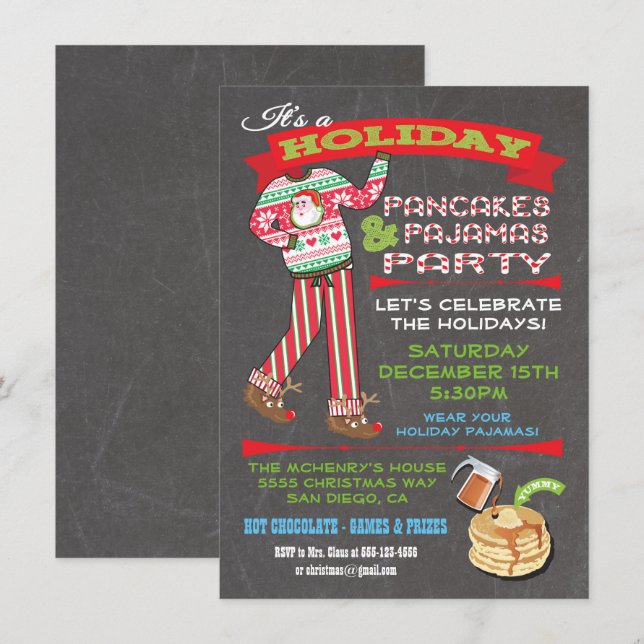 Chalkboard Christmas Pancakes & Pajamas Party Invitation (Front/Back)