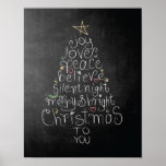 Chalkboard Christmas poster Love Joy Peace Believe<br><div class="desc">Hand lettered chalk art Christmas Tree design contains the words: joy love peace believe silent night merry & bright C h r i s t m a s to you Christmas Decor | Christmas Wall Art | Chalkboard Christmas Sign | Christmas Chalk Art</div>