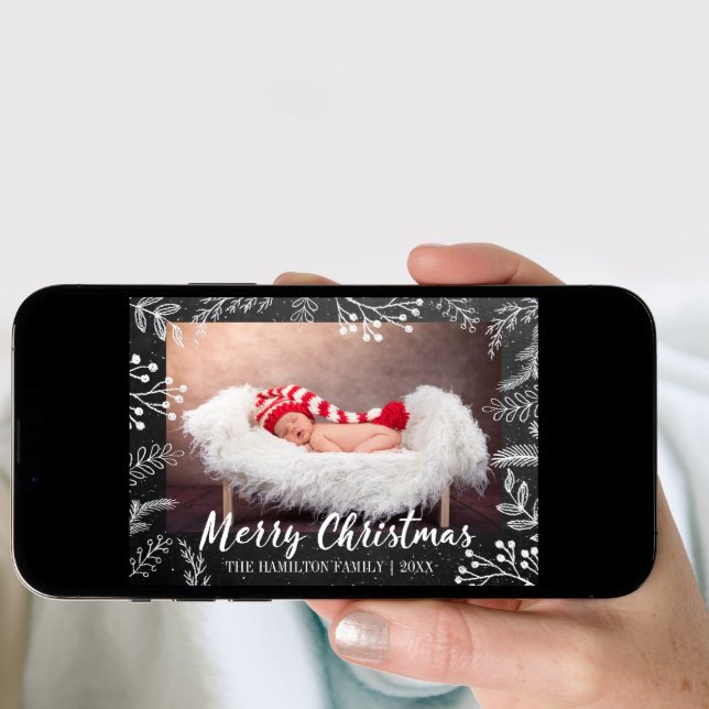 Chalkboard Christmas Snowy Branches Photo Holiday Card (Front Digital)