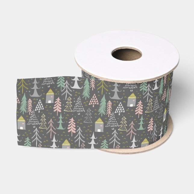 Chalkboard Christmas Trees and Houses Pink Yellow Grosgrain Ribbon (Spool)