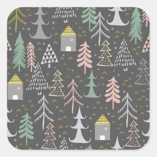 Chalkboard Christmas Trees and Houses Pink Yellow Square Sticker