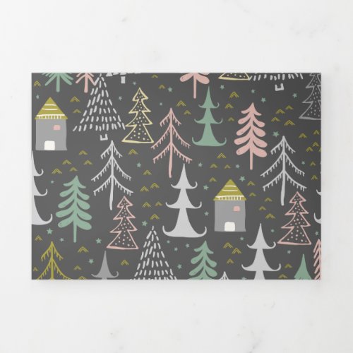 Chalkboard Christmas Trees and Houses Pink Yellow Tri_Fold Holiday Card