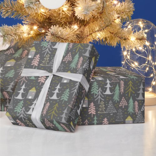 Chalkboard Christmas Trees and Houses Pink Yellow Wrapping Paper