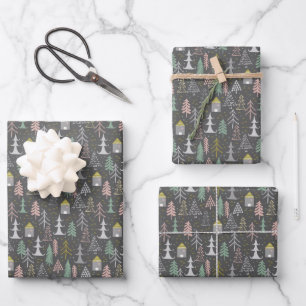 Chalkboard Christmas Trees and Houses Pink Yellow  Wrapping Paper Sheets