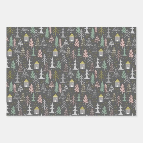 Chalkboard Christmas Trees and Houses Pink Yellow Wrapping Paper Sheets