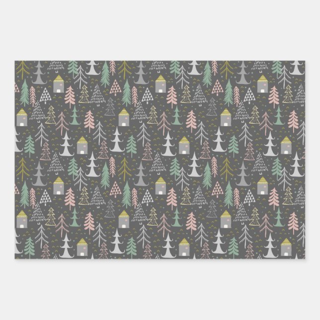 Chalkboard Christmas Trees and Houses Pink Yellow Wrapping Paper Sheets (Front)