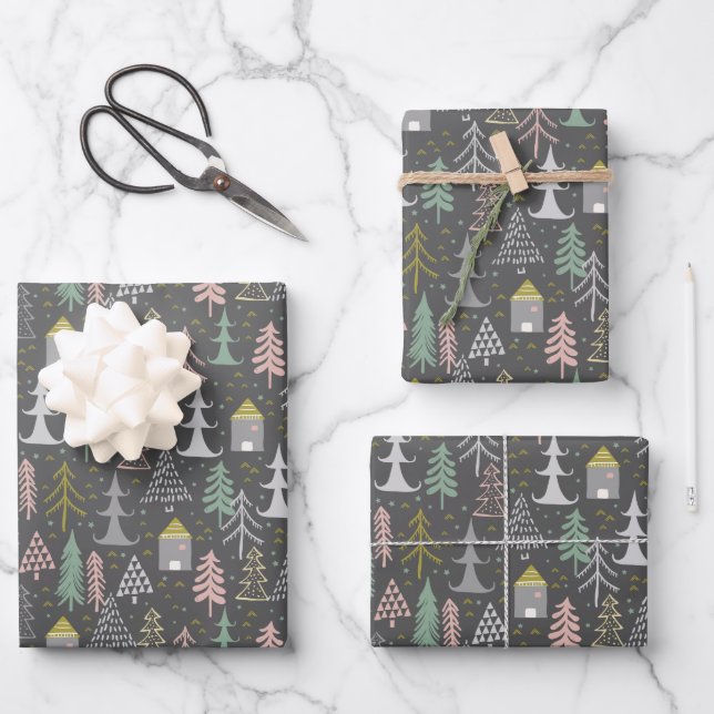 Chalkboard Christmas Trees and Houses Pink Yellow Wrapping Paper Sheets (Front)