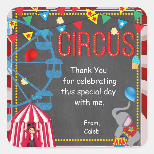 Chalkboard Circus Carnival Birthday Party Favor Square Sticker (Front)