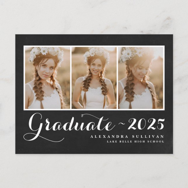 Chalkboard Class of 2025 Photo Collage Graduation Invitation Postcard (Front)