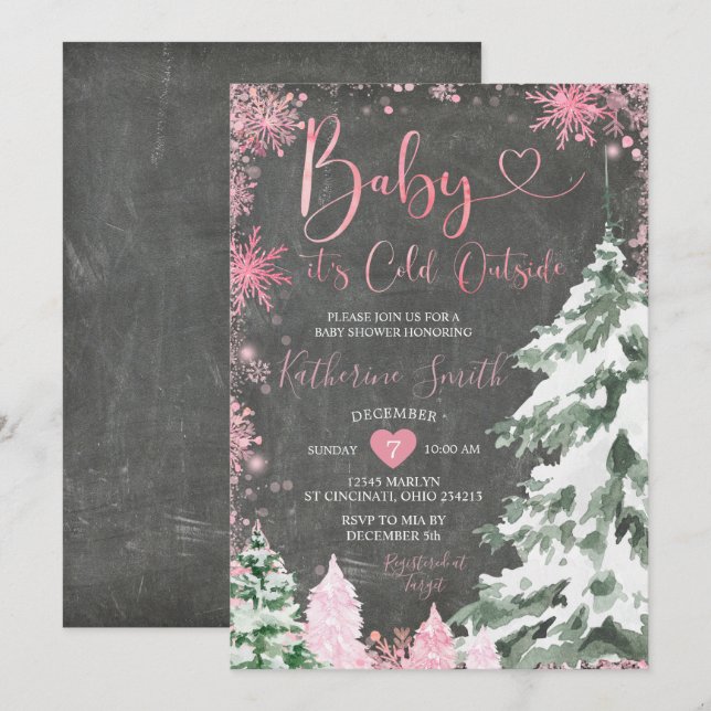Chalkboard Cold Baby Shower Forest Pink Snowflakes Invitation (Front/Back)