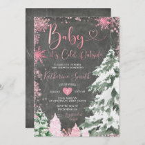 Chalkboard Cold Baby Shower Forest Pink Snowflakes Invitation